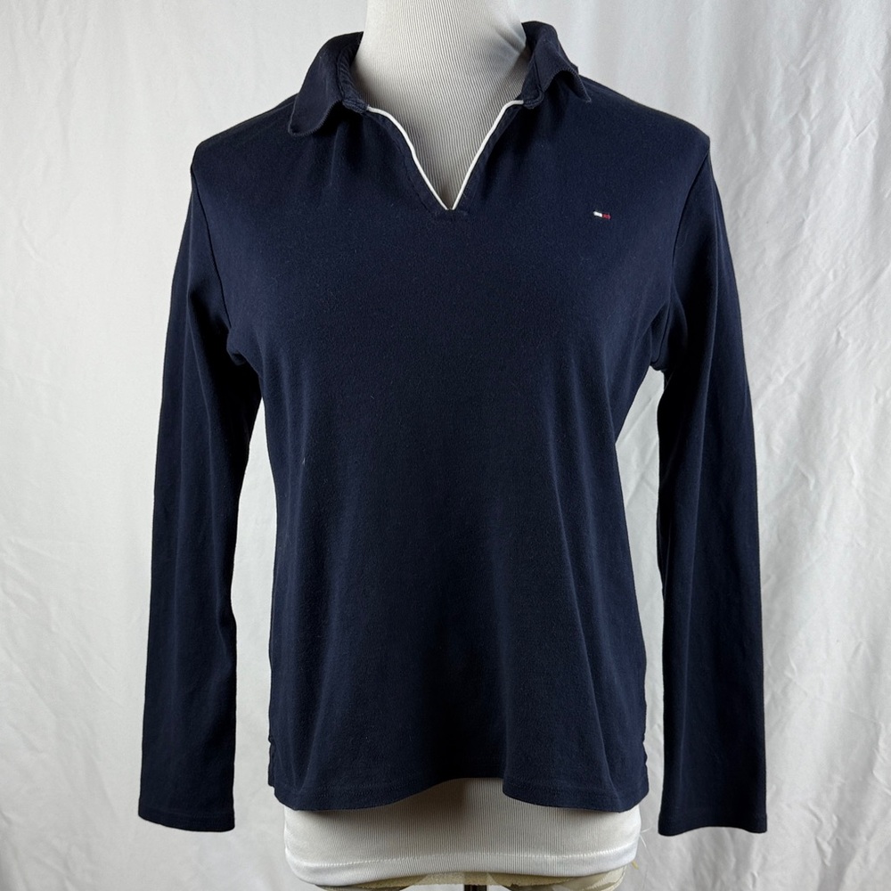 Tommy Hilfiger Women’s Navy V-Neck Cotton Long Sleeved Polo Top